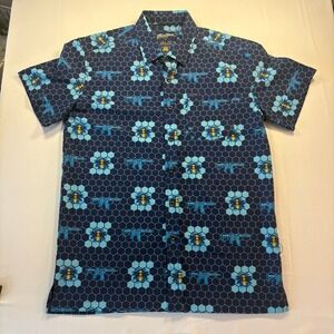 Retro Rifle Sting Op Mens Medium Blue Honeycomb Bee Tactical Button Down Shirt